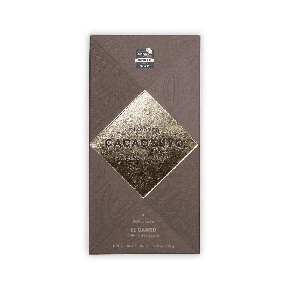 Cacaosuyo El Ganso bar, taupe box with embossed pattern and gold diamond logo, 70% Cacao, Junin Peru, Gold award seal, 70g