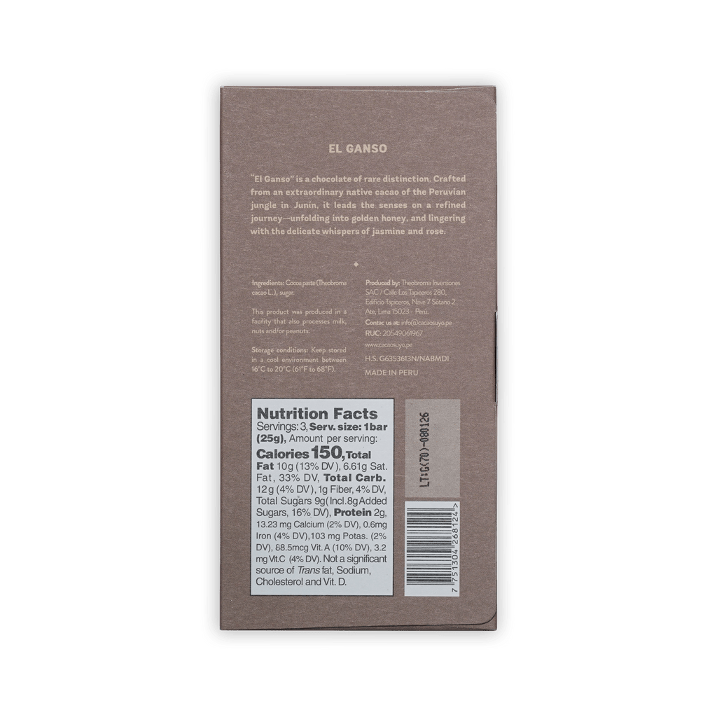 Back of Cacaosuyo El Ganso taupe box, description text, ingredients cocoa paste and sugar, nutrition facts and barcode