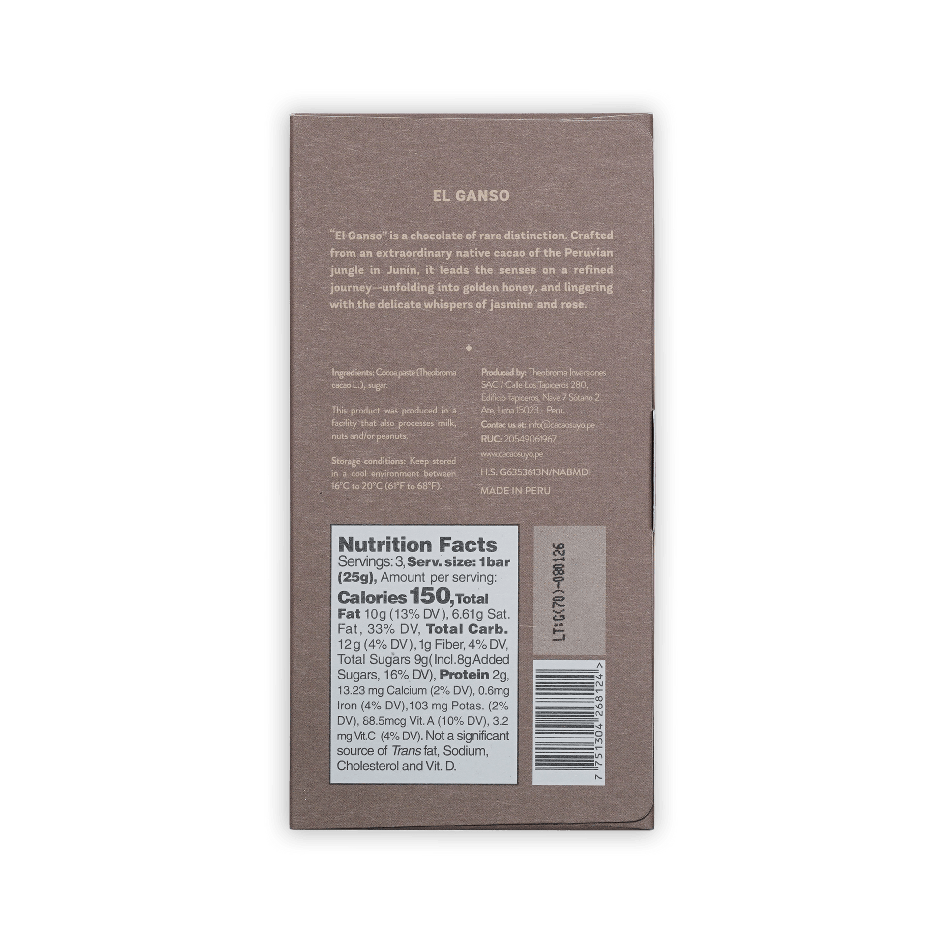 Back of Cacaosuyo El Ganso taupe box, description text, ingredients cocoa paste and sugar, nutrition facts and barcode