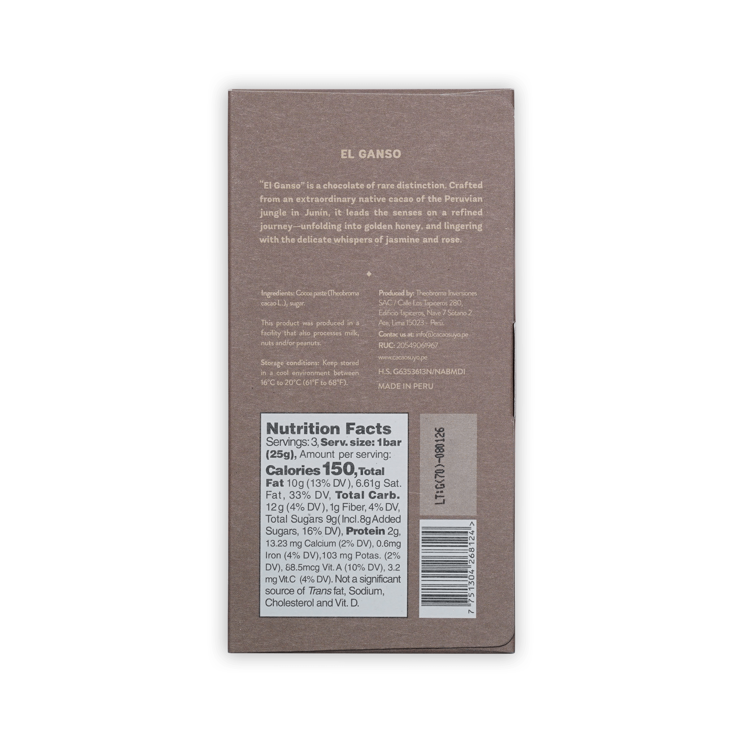 Back of Cacaosuyo El Ganso taupe box, description text, ingredients cocoa paste and sugar, nutrition facts and barcode