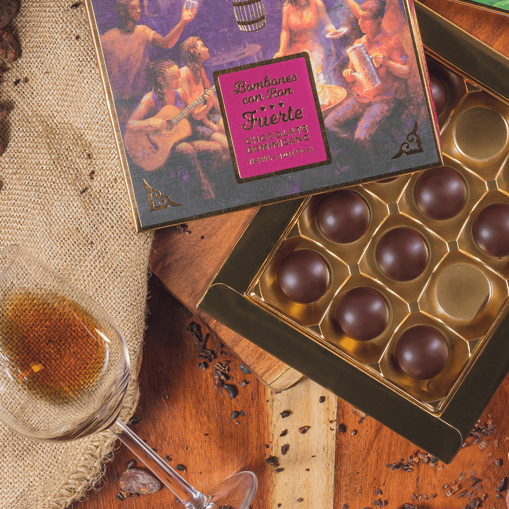 Cacaoteca dark chocolate rum truffles box with gold tray and rum label