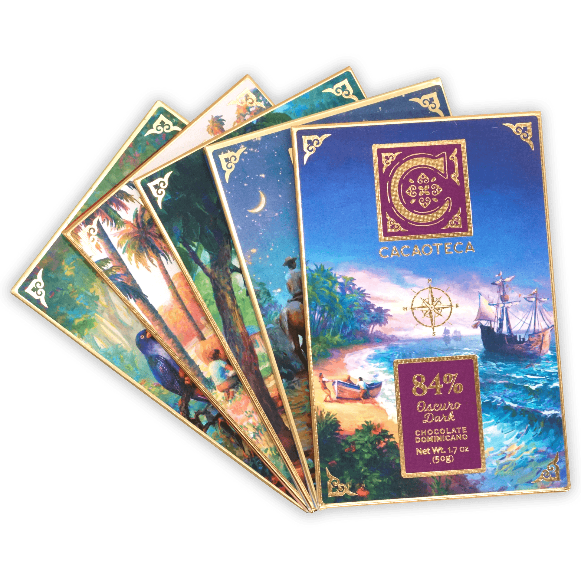 Cacaoteca 84% dark chocolate bar in ornate blue gold wrapper with tropical ship scene