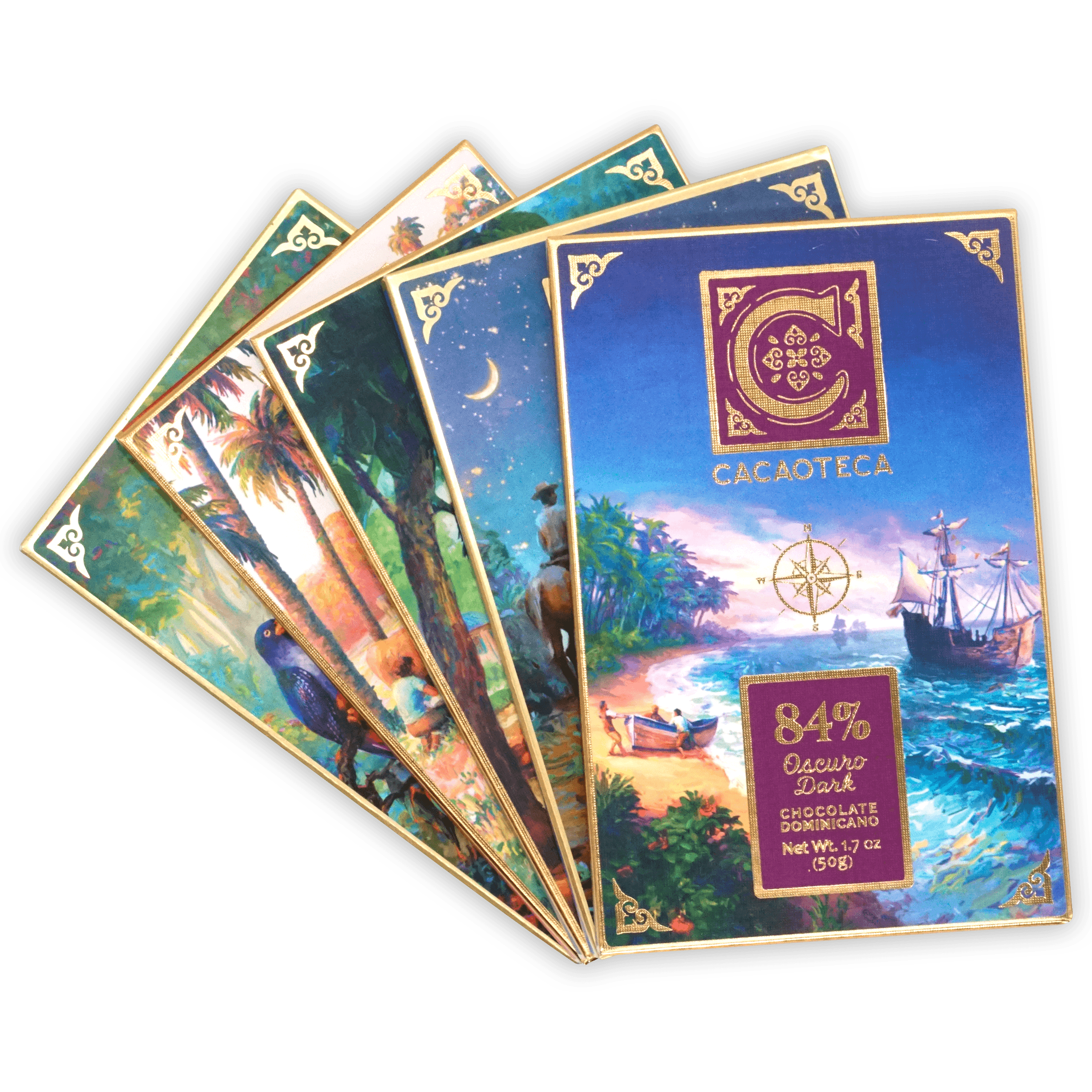 Cacaoteca 84% dark chocolate bar in ornate blue gold wrapper with tropical ship scene