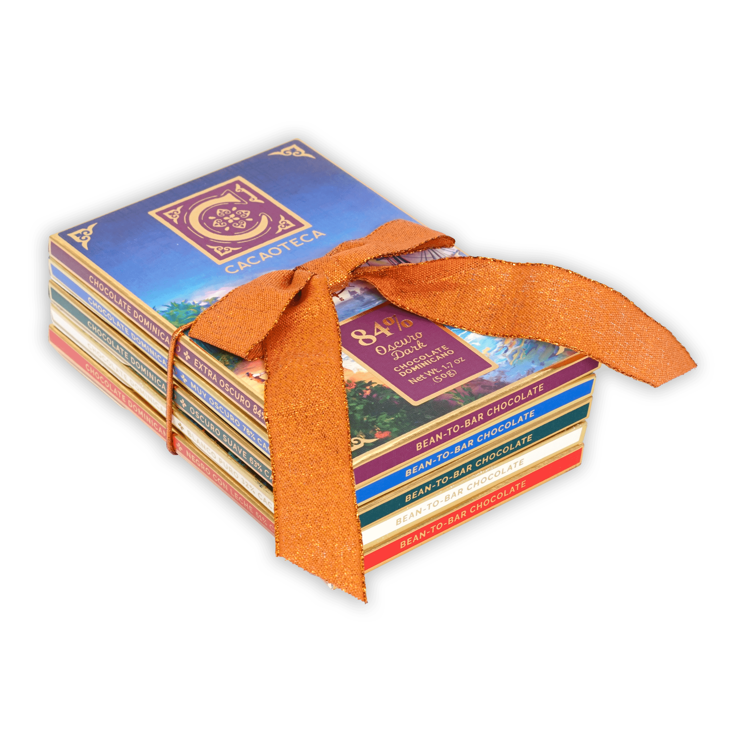 Cacaoteca Chocolate Bundle: 5 bean-to-bar bars stacked with orange ribbon