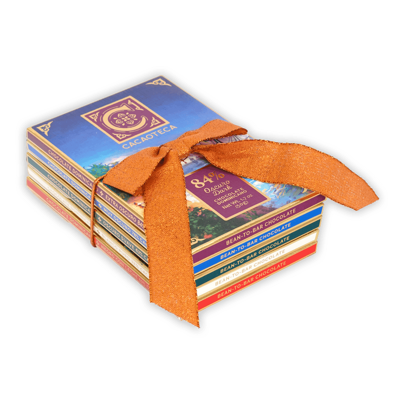 Cacaoteca Chocolate Bundle: 5 bean-to-bar bars stacked with orange ribbon