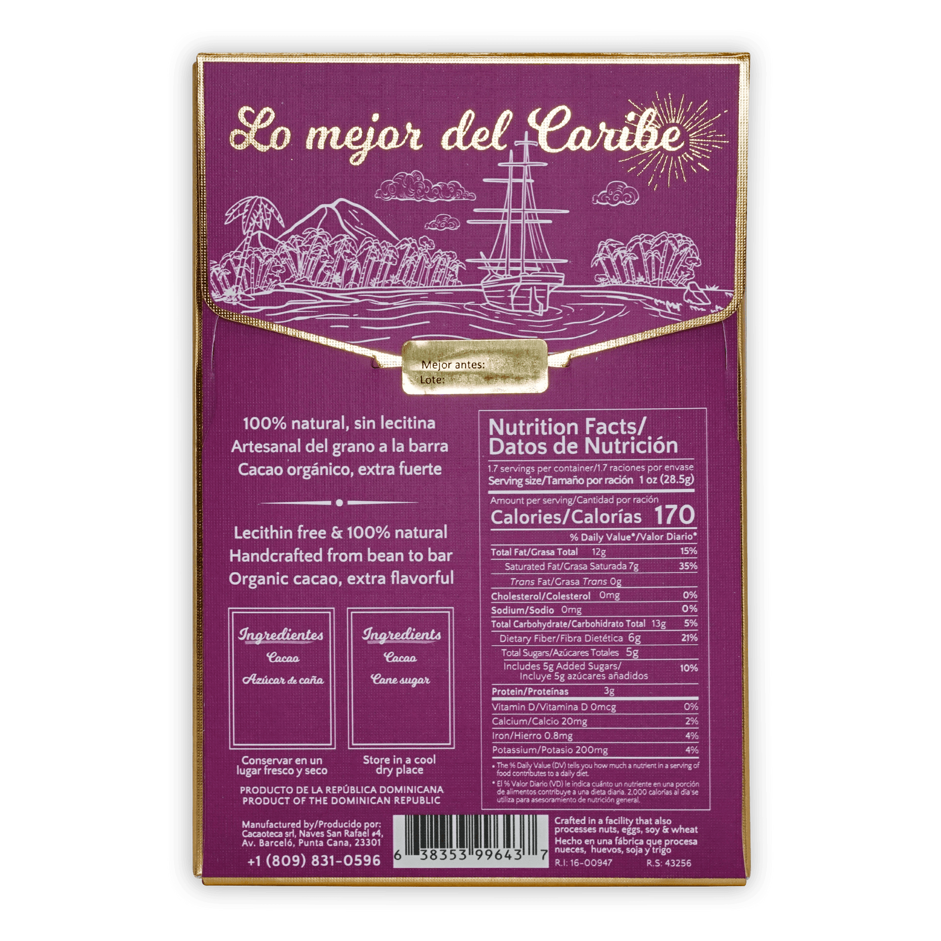 Cacaoteca bundle: purple bar wrapper with gold trim, ship, palms, mountains
