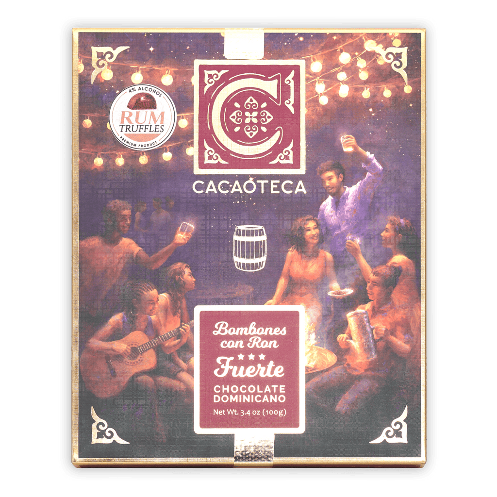Cacaoteca dark chocolate rum truffles box with festive fire celebration art
