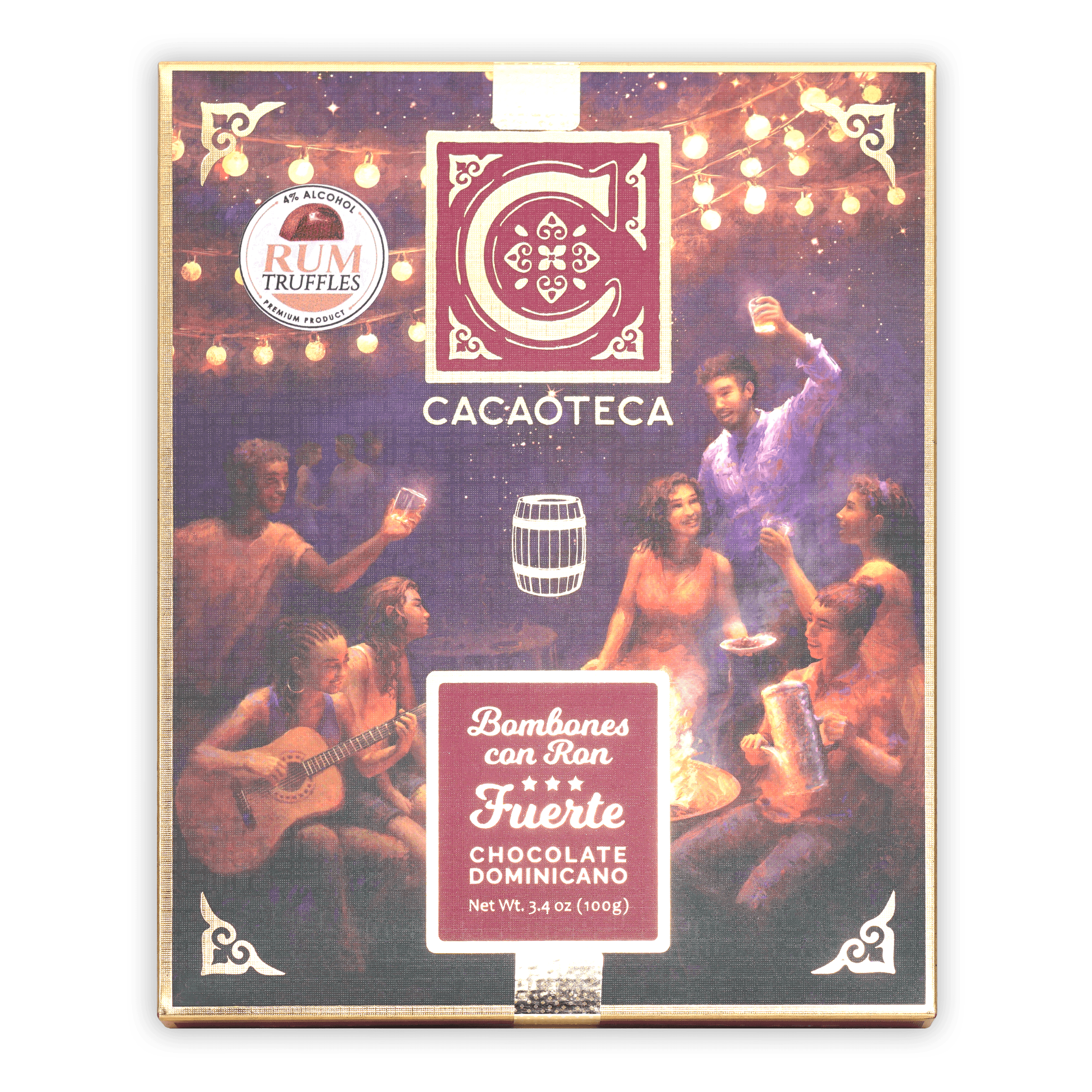 Cacaoteca dark chocolate rum truffles box with festive fire celebration art