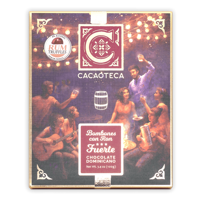 Cacaoteca dark chocolate rum truffles box with festive fire celebration art