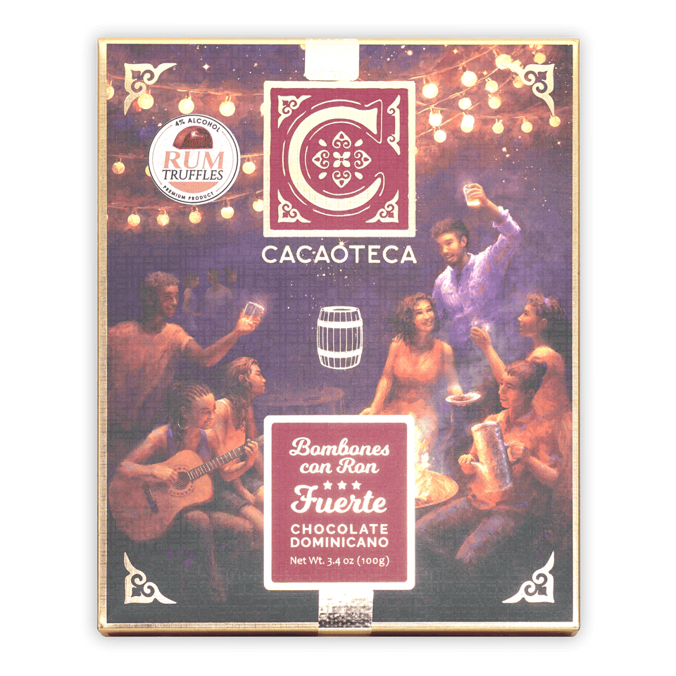 Cacaoteca dark chocolate rum truffles box with festive fire celebration art