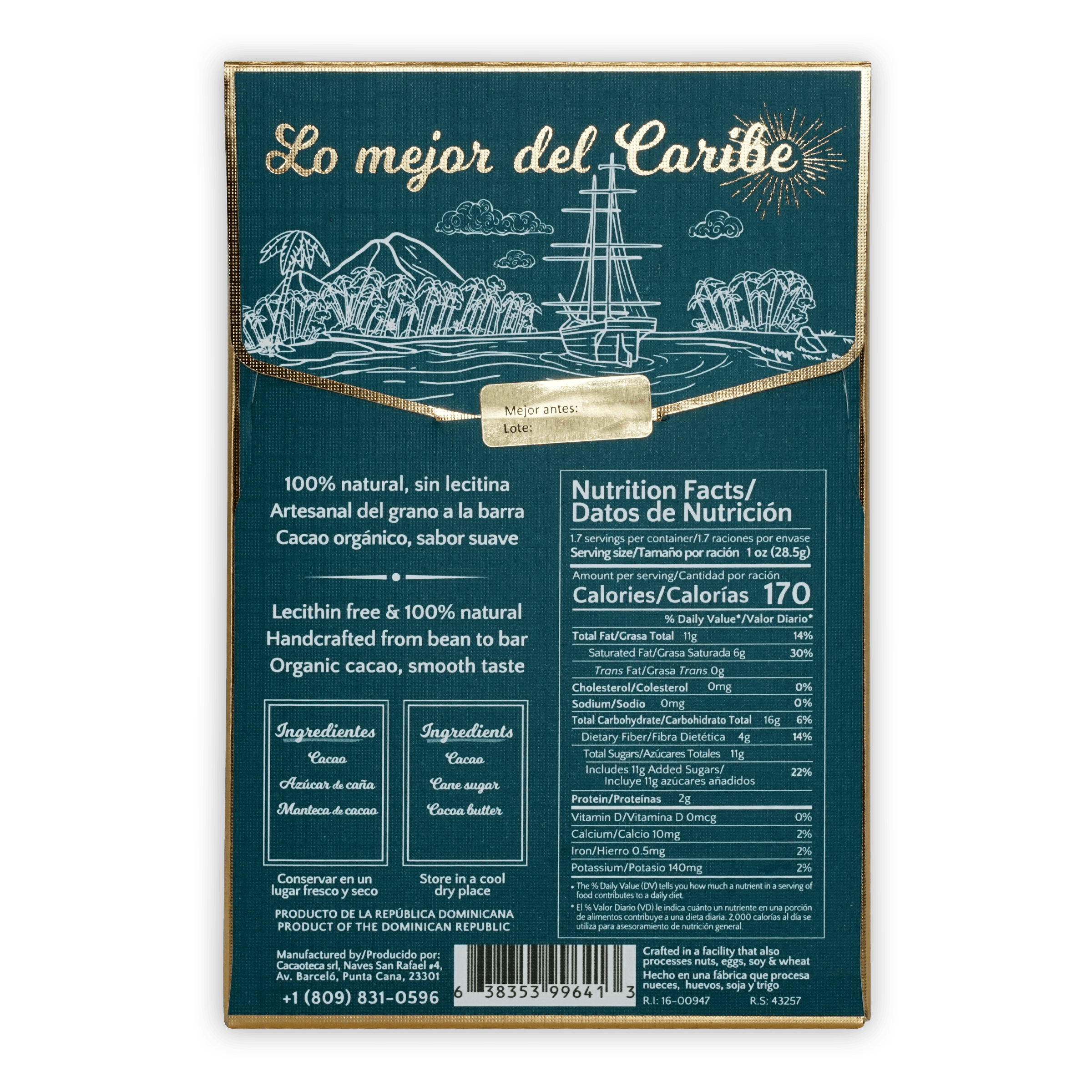 Cacaoteca bundle: teal chocolate bar with gold trim, Caribbean ship art