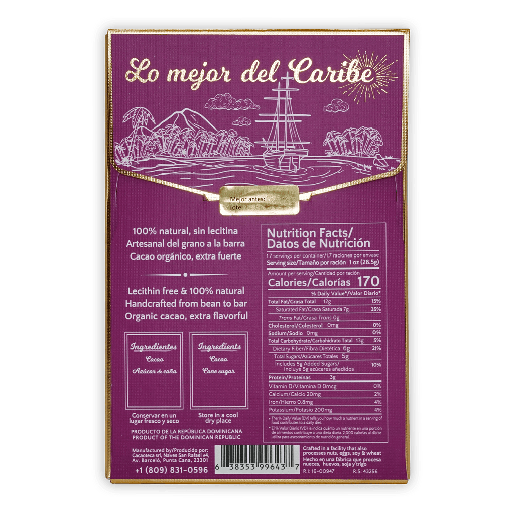 Cacaoteca bundle: purple bar wrapper with gold trim, ship, palms, mountains