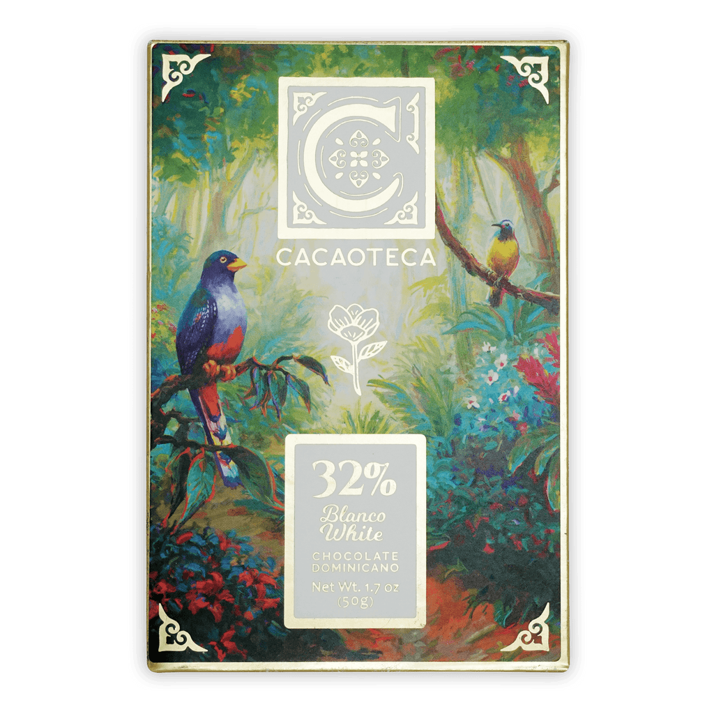 Cacaoteca 32% white chocolate bar in vibrant jungle wrapper