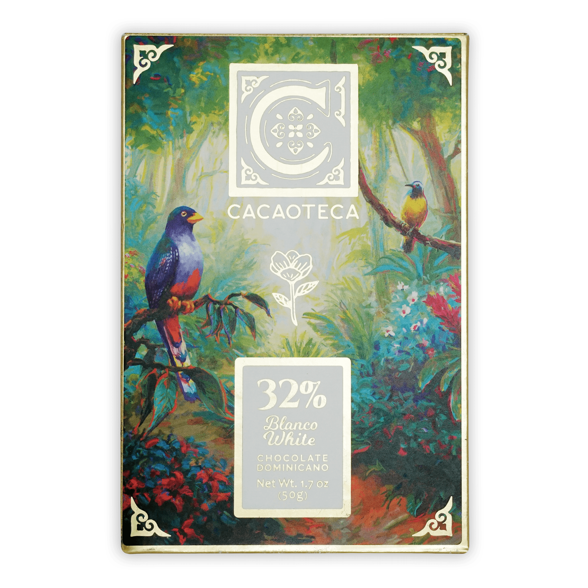 Cacaoteca 32% white chocolate bar in vibrant jungle wrapper