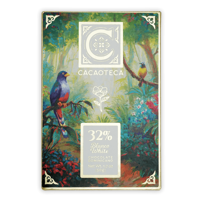 Cacaoteca 32% white chocolate bar in vibrant jungle wrapper