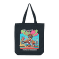Black canvas tote bag with cartoon flavor lab tech and lab gear
