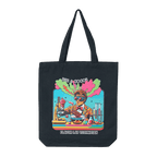 Black canvas tote bag with cartoon flavor lab tech and lab gear