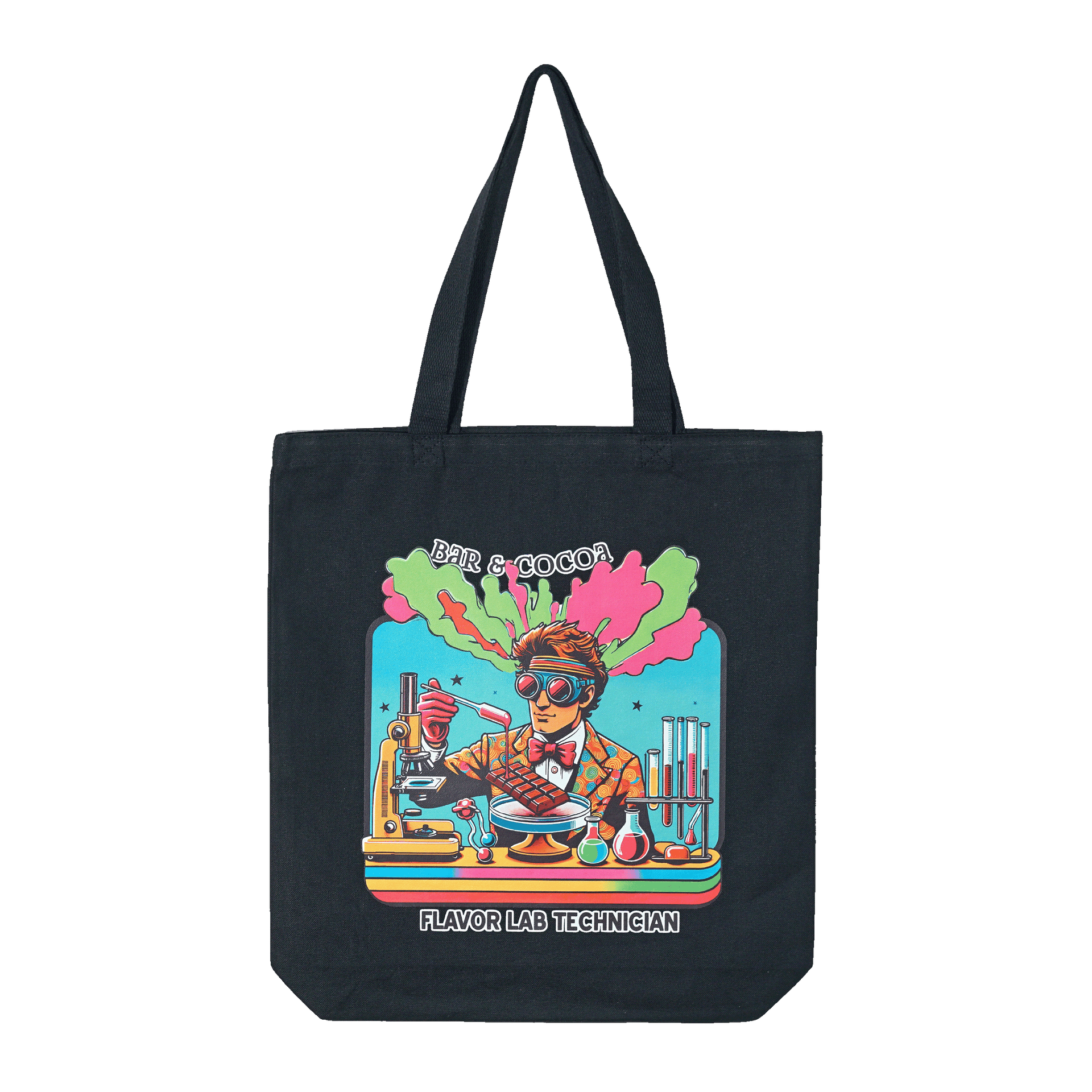 Black canvas tote bag with cartoon flavor lab tech and lab gear