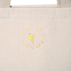 Beige canvas eco tote bag with gold foil Bar and Cocoa crane logo
