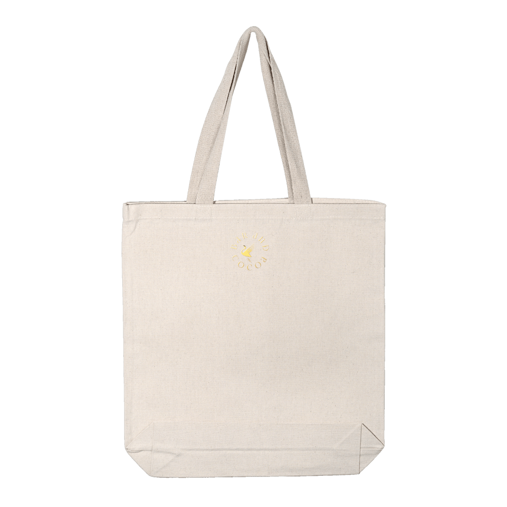 Cream canvas eco tote bag with yellow flower logo for chocolate fans
