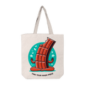 Canvas eco tote bag with meditating chocolate bar illustration