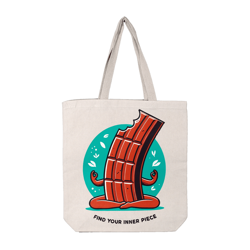 Canvas eco tote bag with meditating chocolate bar illustration