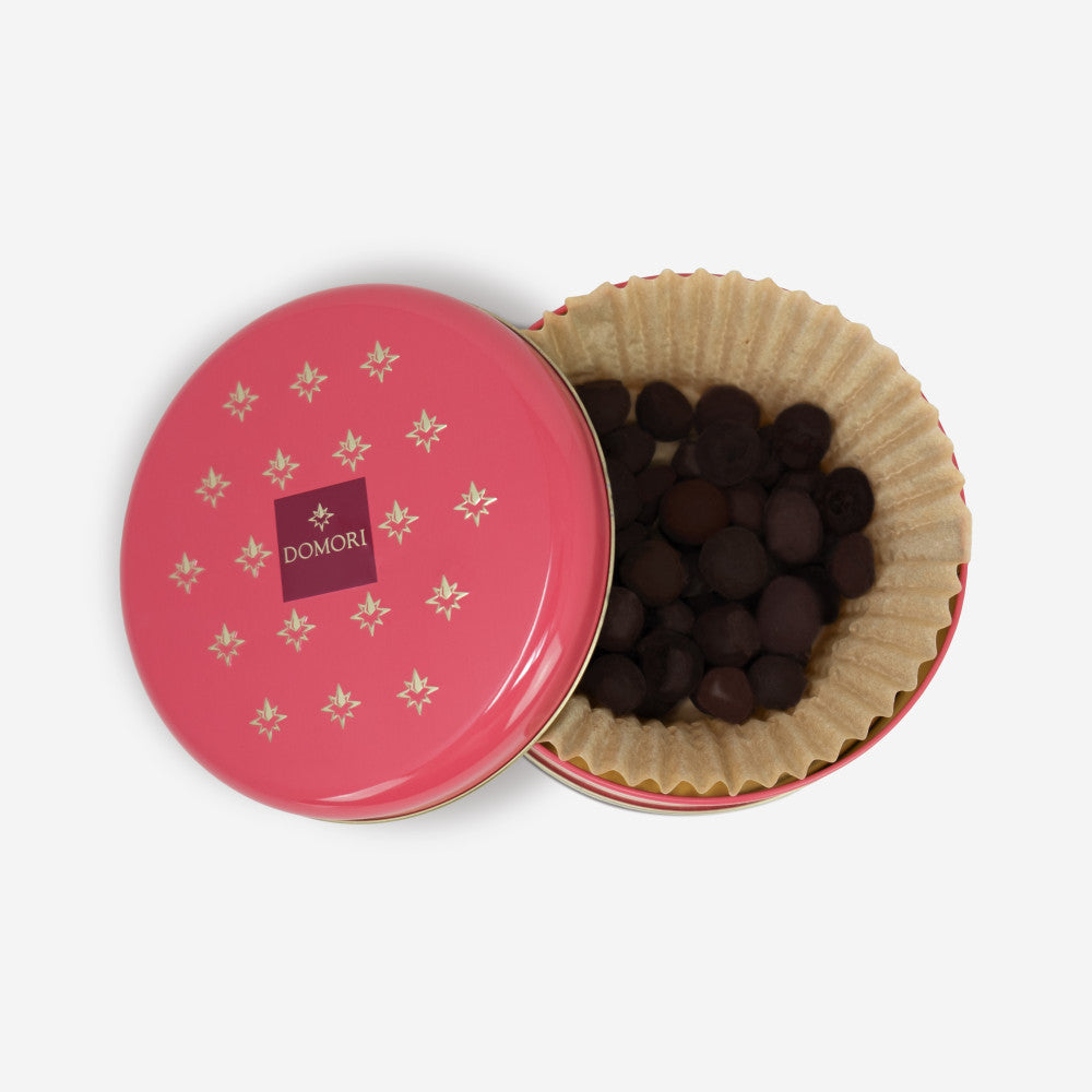 Domori chocolate coated amarena cherries tin with pink gold design