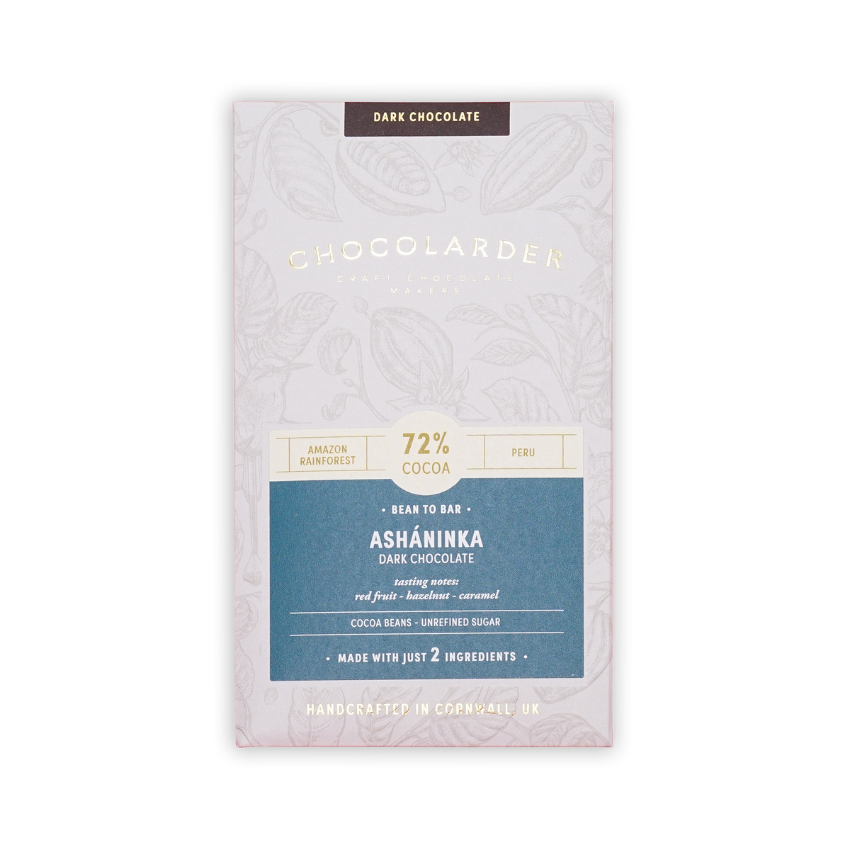 Chocolarder Ashaninka 72% dark chocolate bar in a white botanical box with a blue label on a black background.