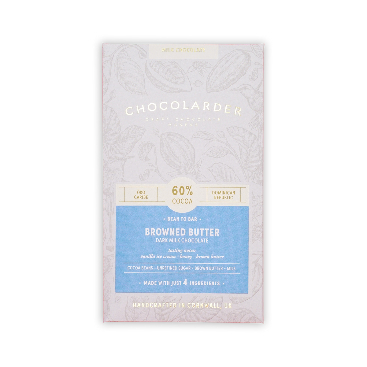 Chocolarder Browned Butter 60% milk chocolate bar in a pale botanical wrapper with a blue label on a black background.