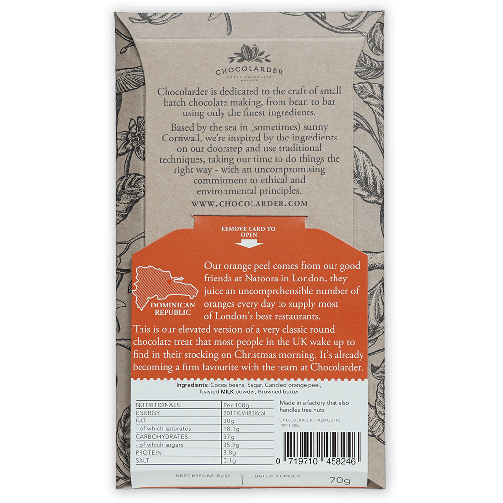 Back of Chocolarder candied orange peel brown butter milk chocolate 60% wrapper