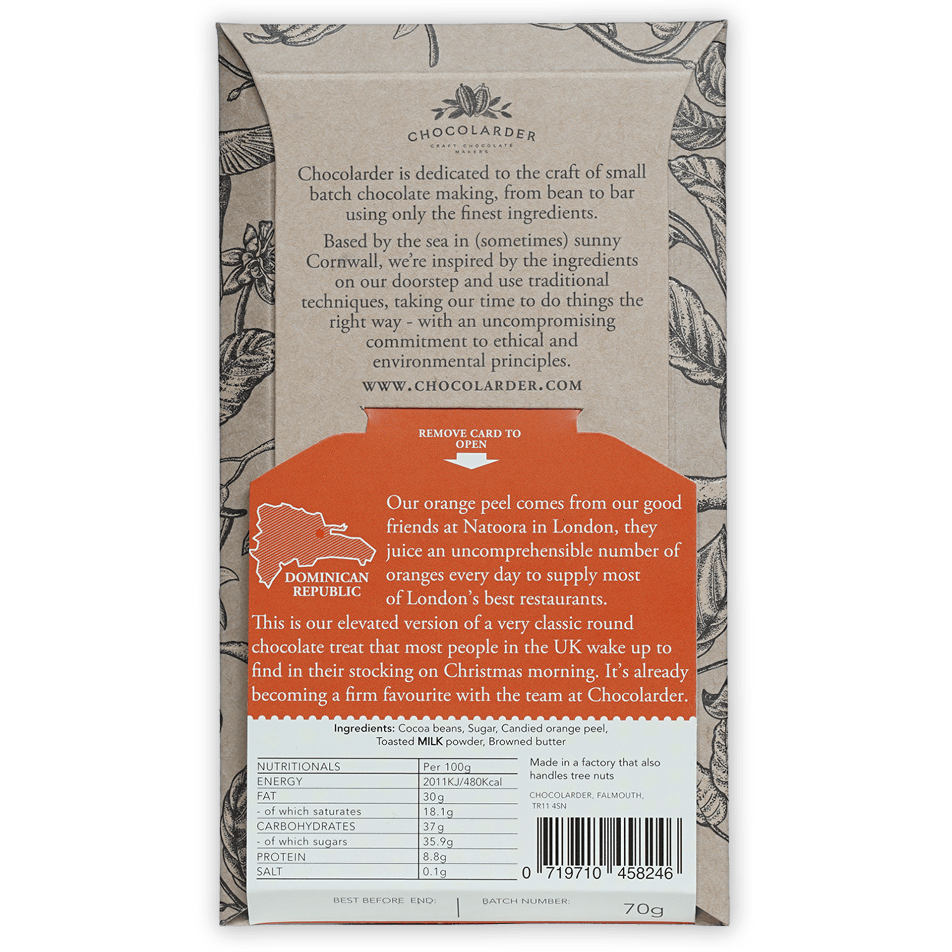 Back of Chocolarder candied orange peel brown butter milk chocolate 60% wrapper