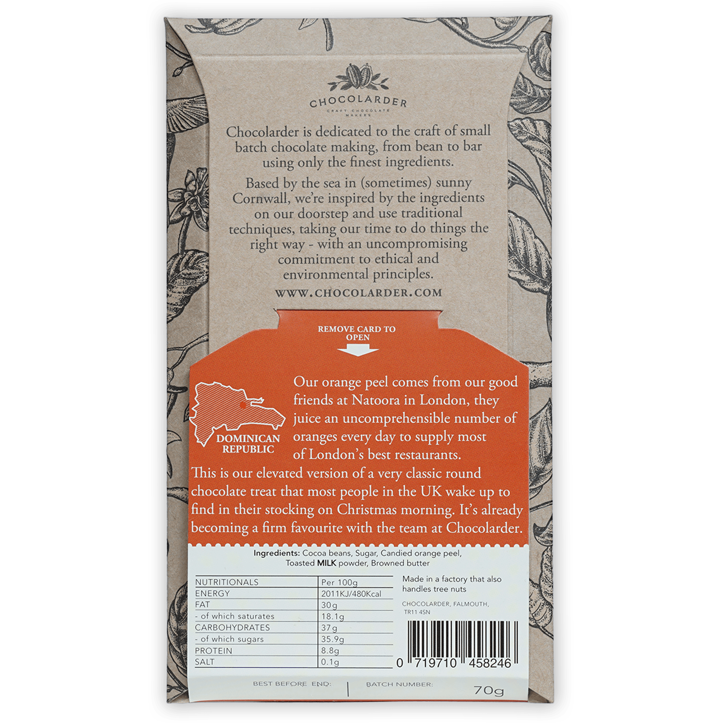 Back of Chocolarder candied orange peel brown butter milk chocolate 60% wrapper