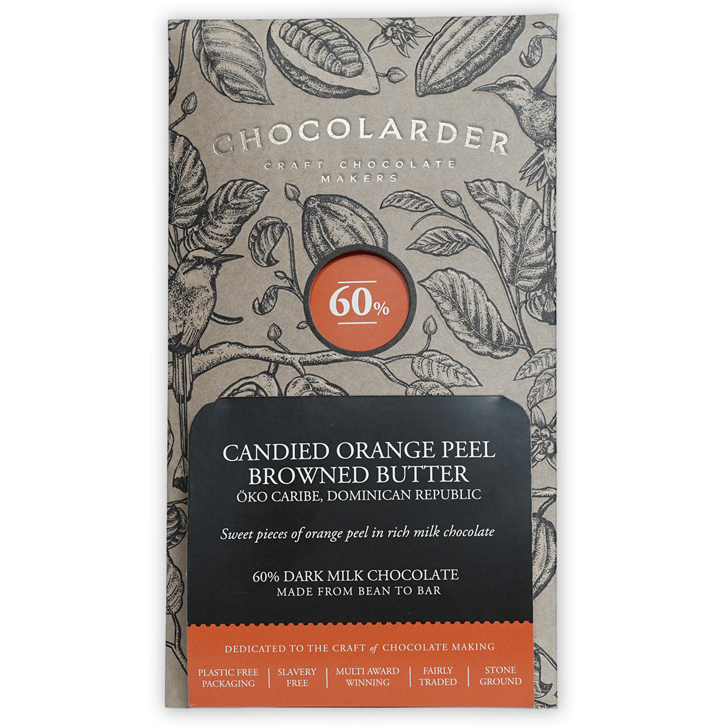 Chocolarder 60% dark milk chocolate bar with candied orange peel and browned butter