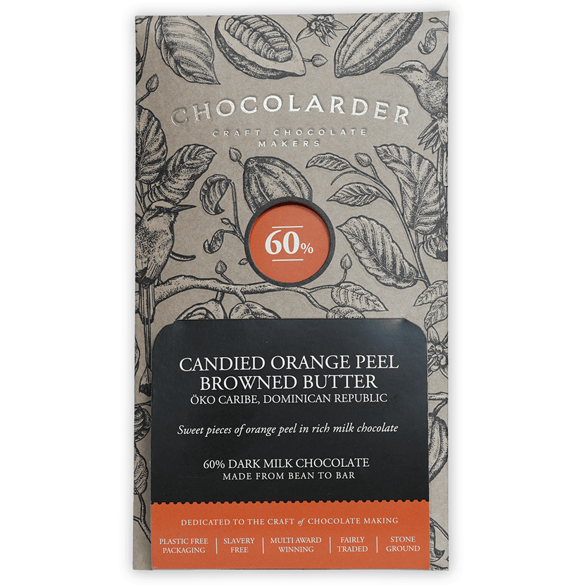 Chocolarder 60% dark milk chocolate bar with candied orange peel and browned butter
