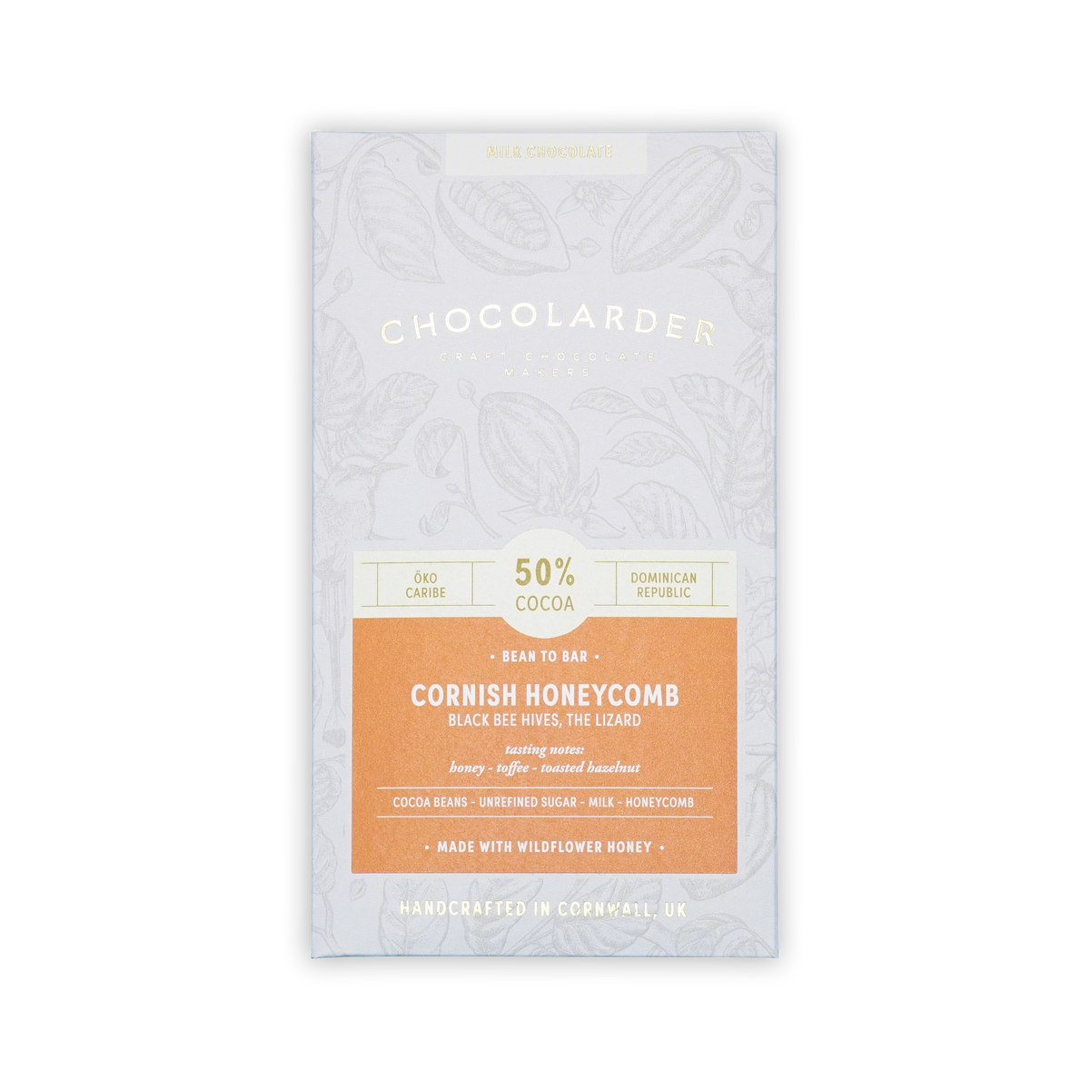 A white Chocolarder Cornish Honeycomb 50% milk chocolate bar wrapper with faint botanical art and an orange label.