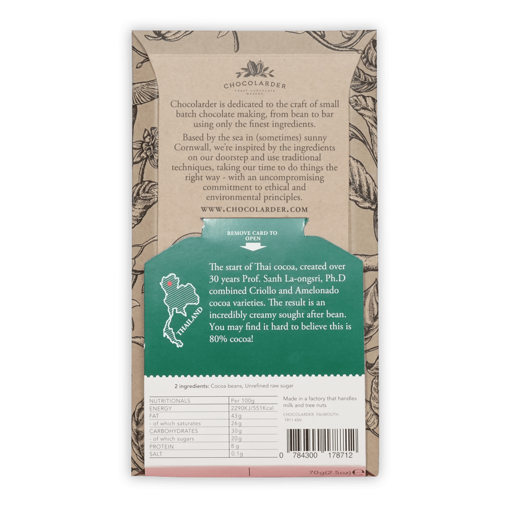 Chocolarder Dark Doi Pui Thailand 80% chocolate bar with botanical wrapper