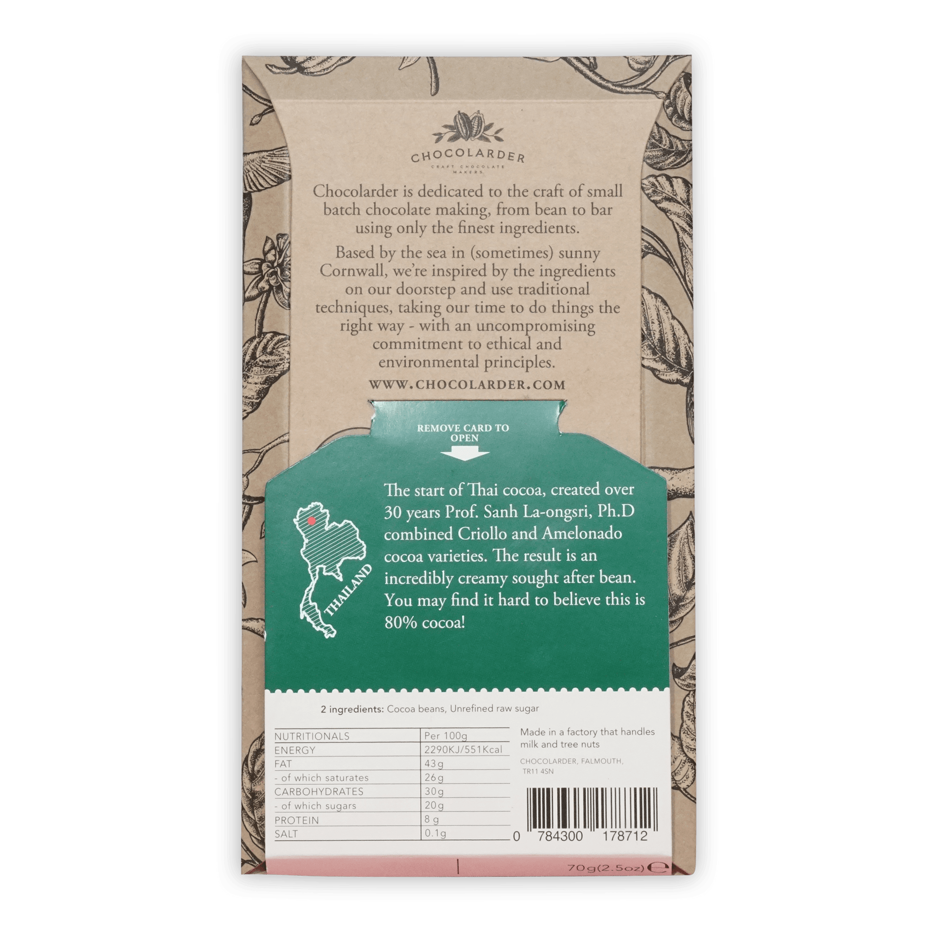 Chocolarder Dark Doi Pui Thailand 80% chocolate bar with botanical wrapper
