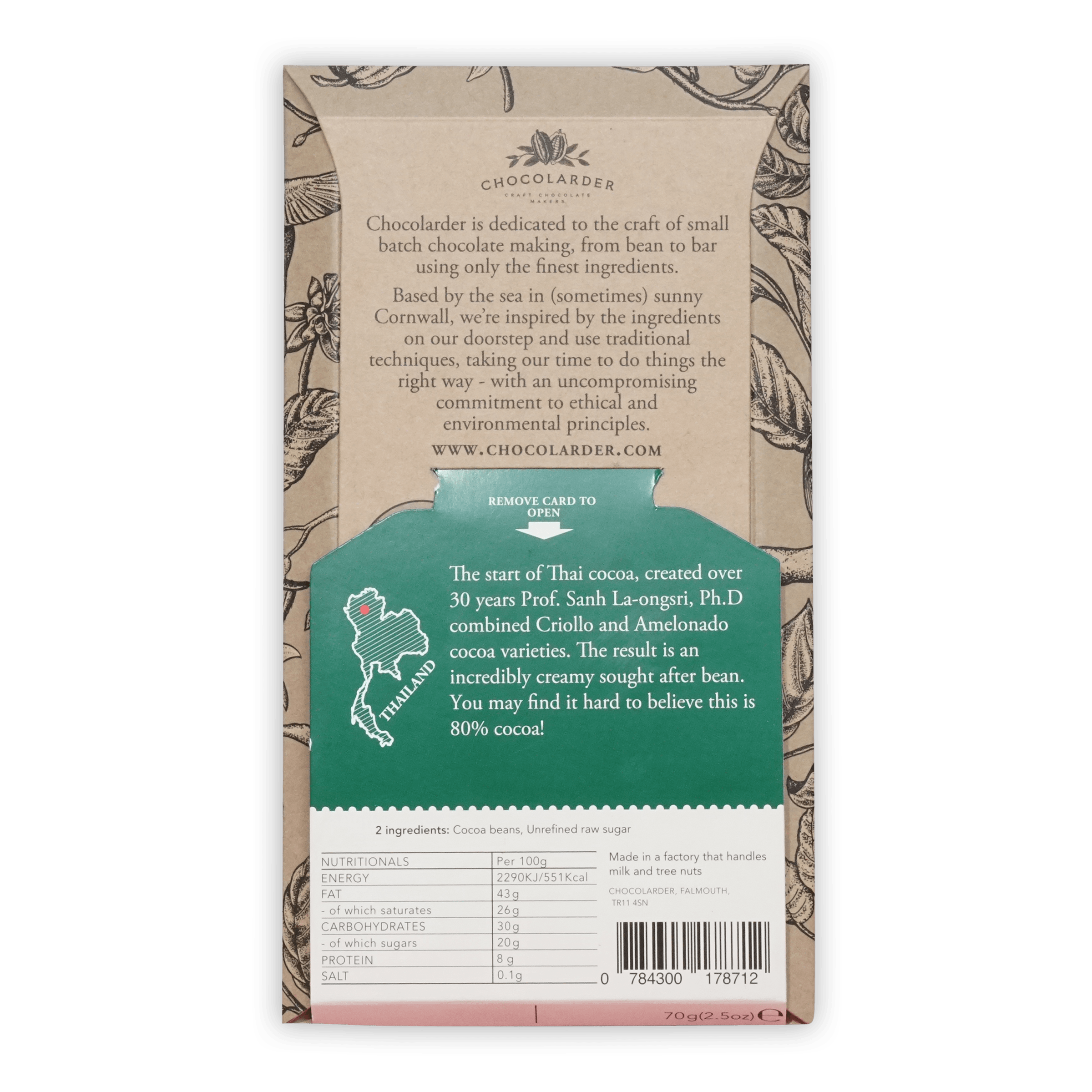 Chocolarder Dark Doi Pui Thailand 80% chocolate bar with botanical wrapper