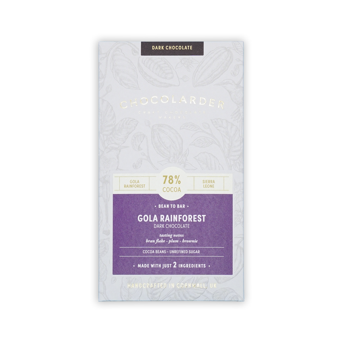 A Chocolarder Gola Rainforest 78% dark chocolate bar in a white box with botanical line art and a purple label.