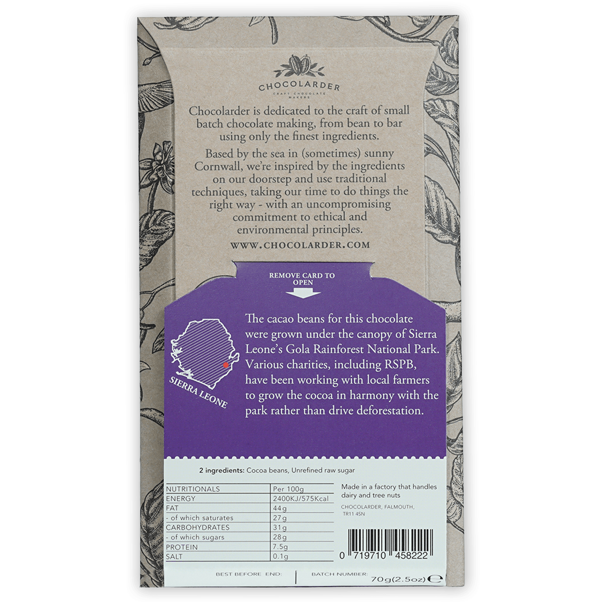 Back of Chocolarder Dark Gola Rainforest 78% bar wrapper with beige purple botanical design