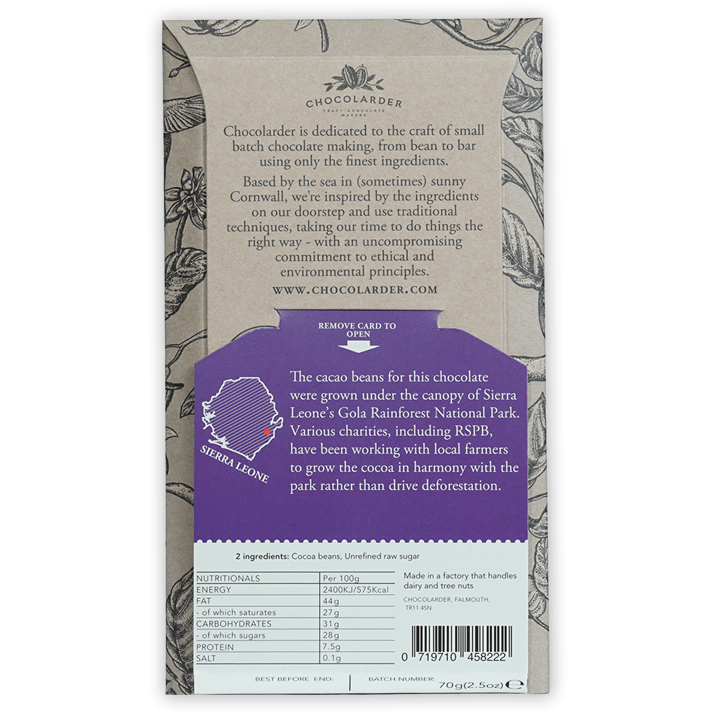 Back of Chocolarder Dark Gola Rainforest 78% bar wrapper with beige purple botanical design