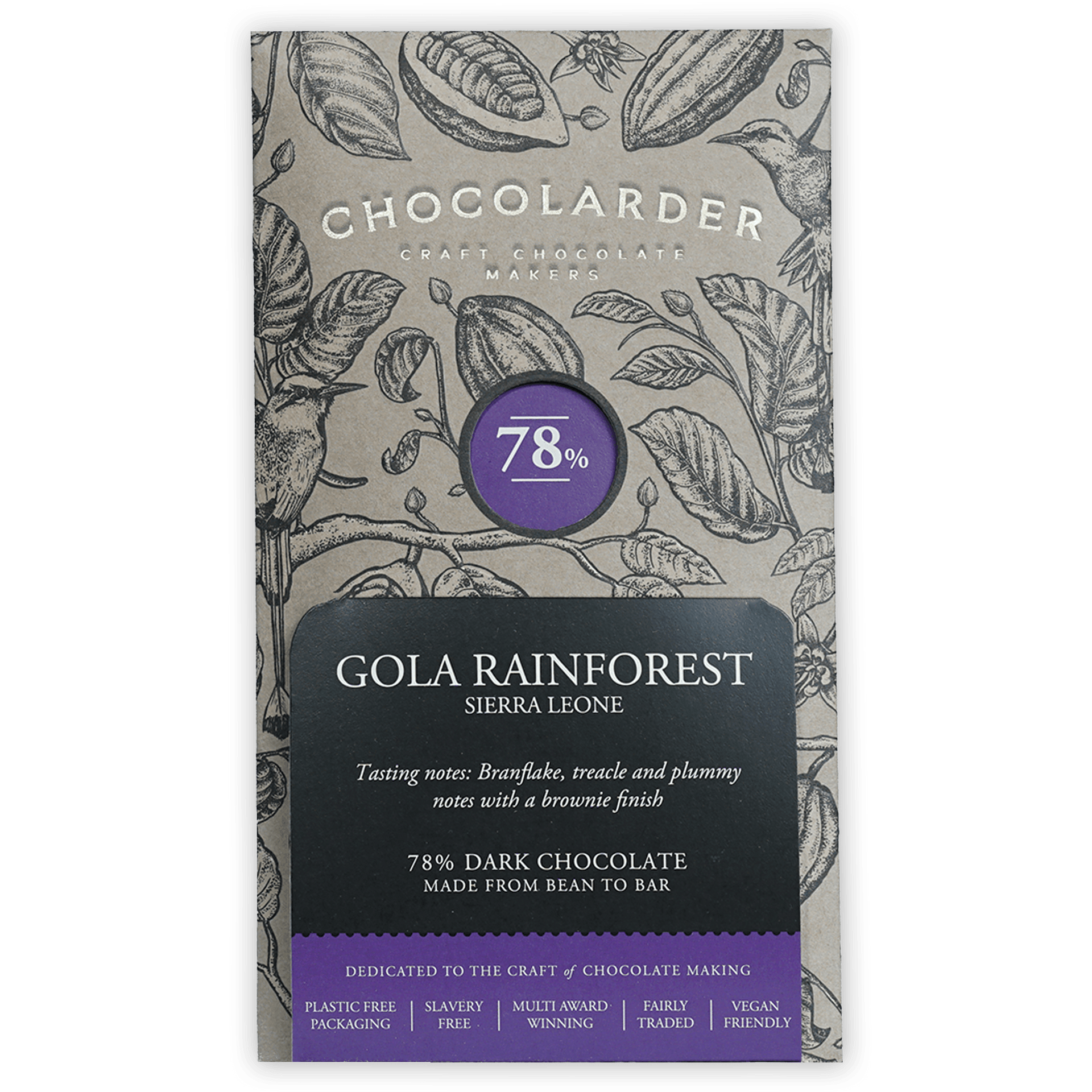 Chocolarder Dark Gola Rainforest 78% chocolate bar with botanical wrapper