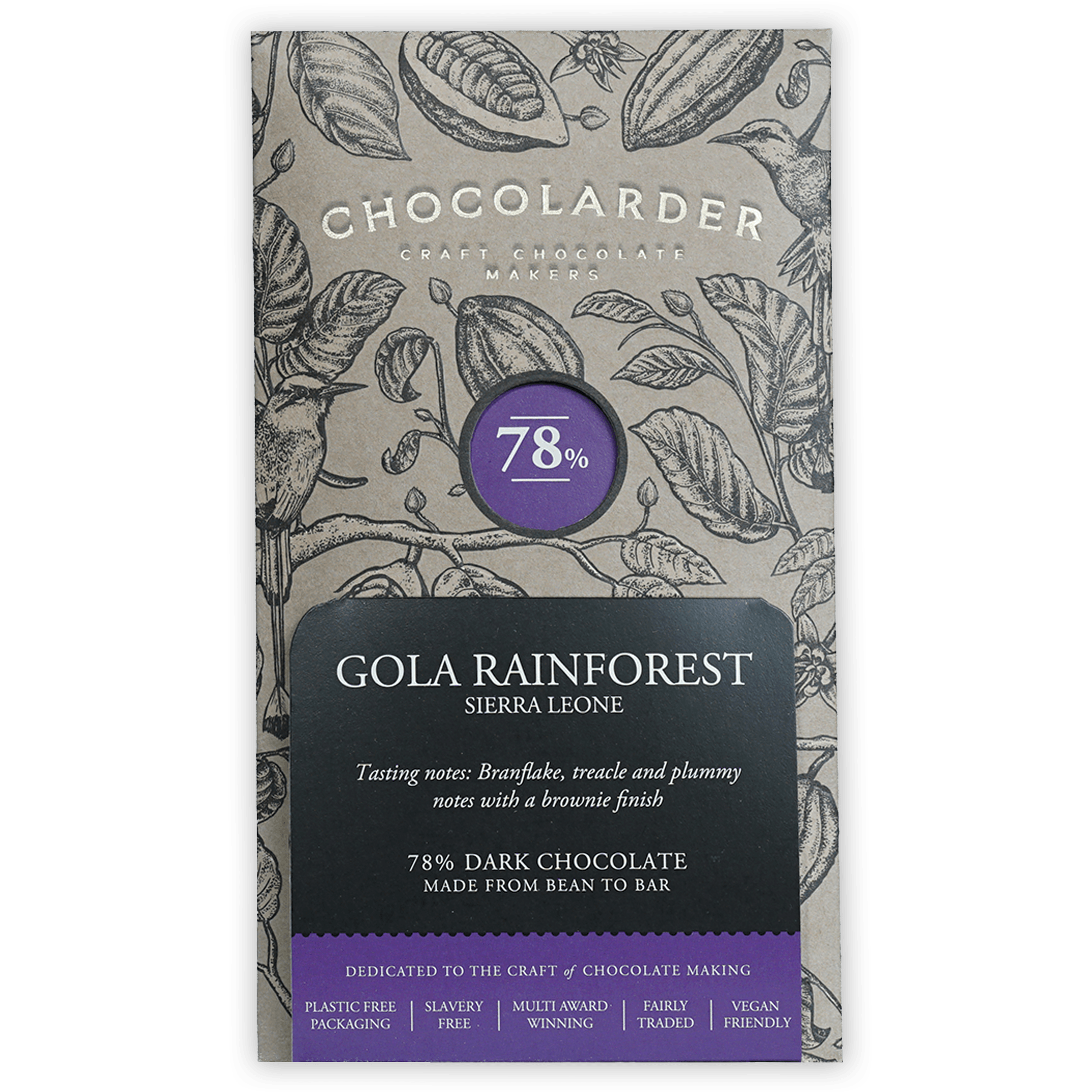 Chocolarder Dark Gola Rainforest 78% chocolate bar with botanical wrapper