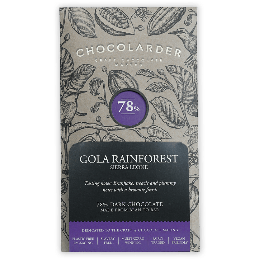 Chocolarder Dark Gola Rainforest 78% chocolate bar with botanical wrapper