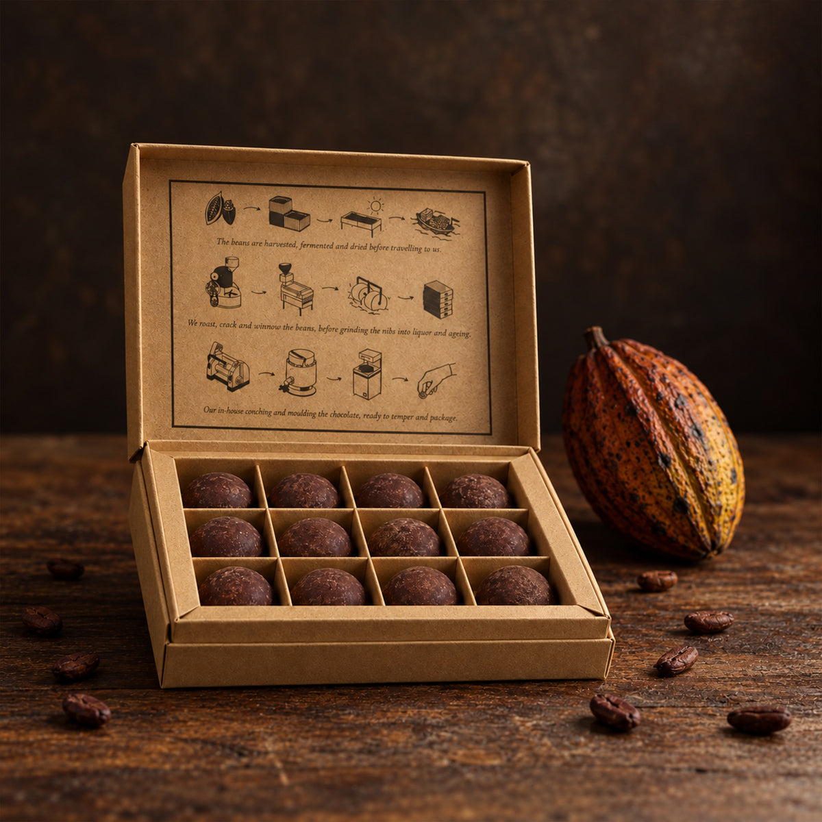Open Chocolarder box of 12 dark mocha truffles, 70%, next to a cacao pod on dark wood.