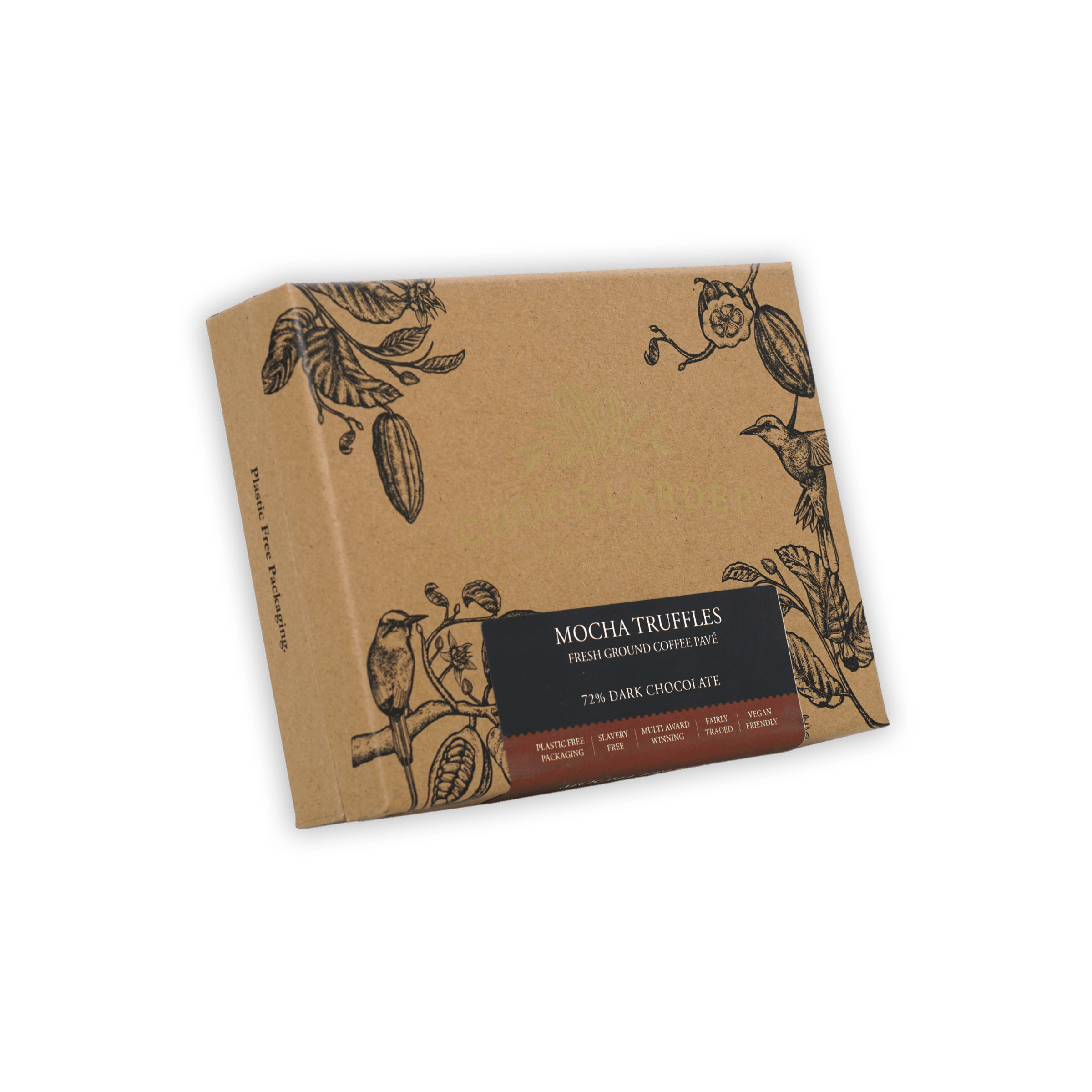 Chocolarder Dark Mocha Truffles Box 70% with cocoa pod illustrations
