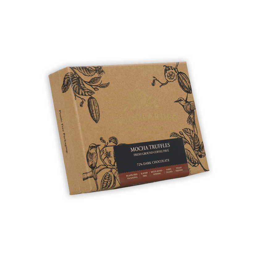 Chocolarder Dark Mocha Truffles Box 70% with cocoa pod illustrations