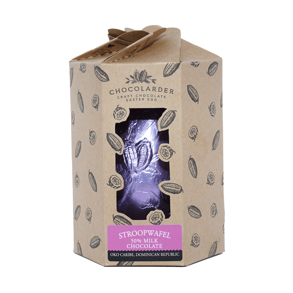 Chocolarder 50% milk chocolate Easter egg with stroopwafel in purple wrap and box