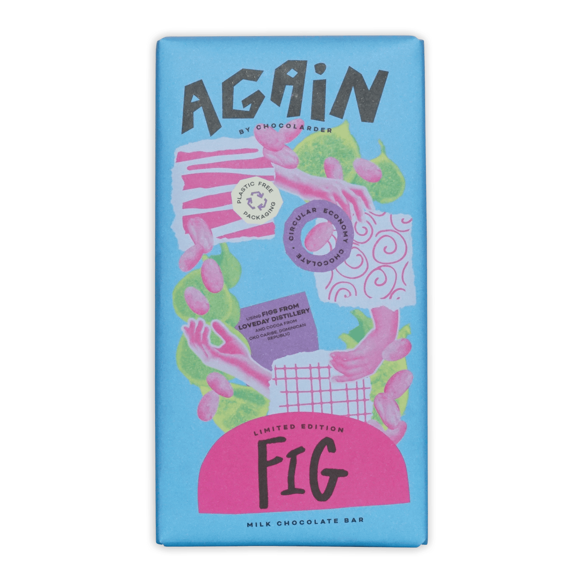 Chocolarder Fig Milk Chocolate 50% bar in vibrant blue pink package with figs leaves