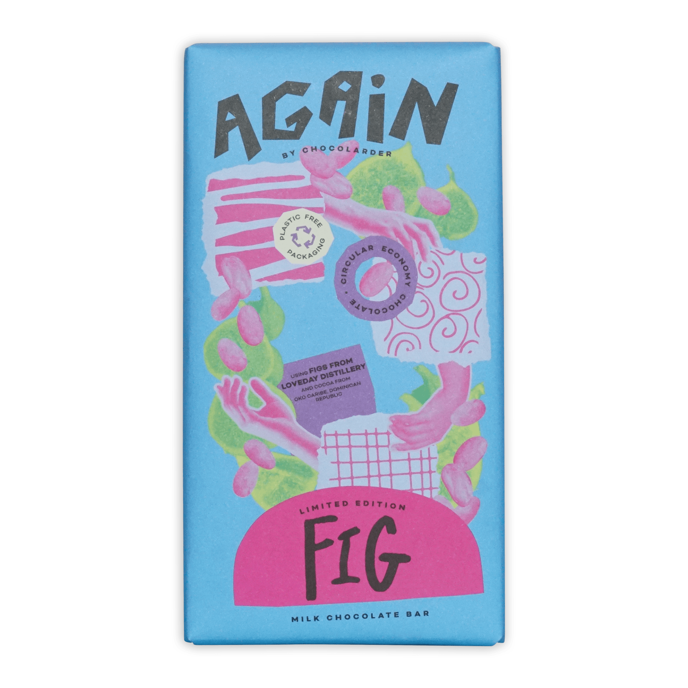 Chocolarder Fig Milk Chocolate 50% bar in vibrant blue pink package with figs leaves